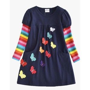 DXTON Dress Long Sleeve Butterfly Rainbow Stripe Girls 5-6 Years Blue NWT